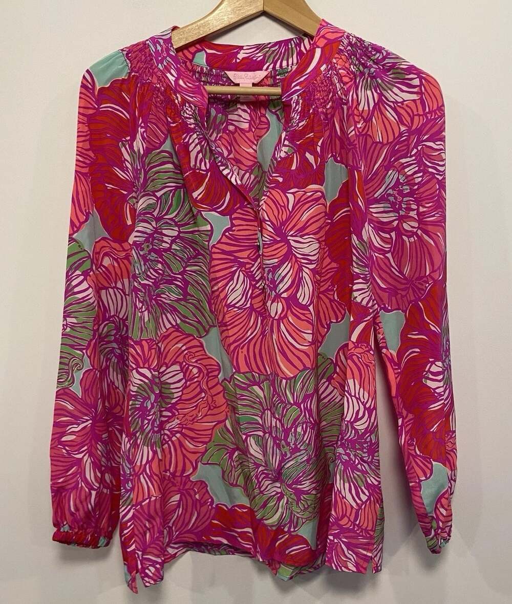 NWOT Lilly Pulitzer Elsa Shirt Blouse 100% Silk Pink Green Small New